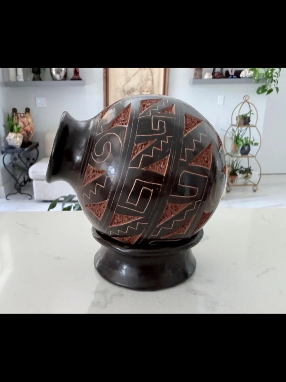 Signed Gerald Gaitan Nicaraguan Blackware Pottery Olla Vase Geometric Incised